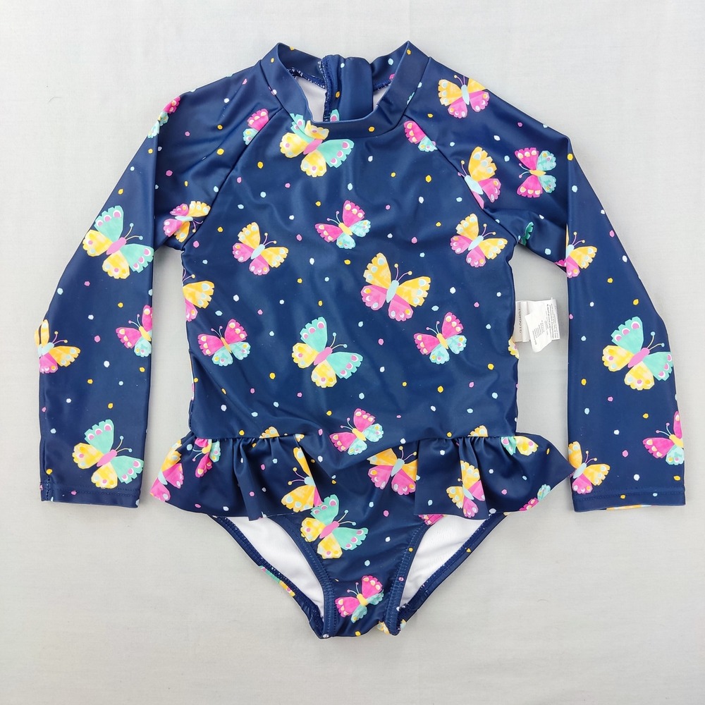 Bonverano Swimsuit Girls 5Y Navy Butterfly Long Sleeve Rash Guard Ruffle 1-Piece
